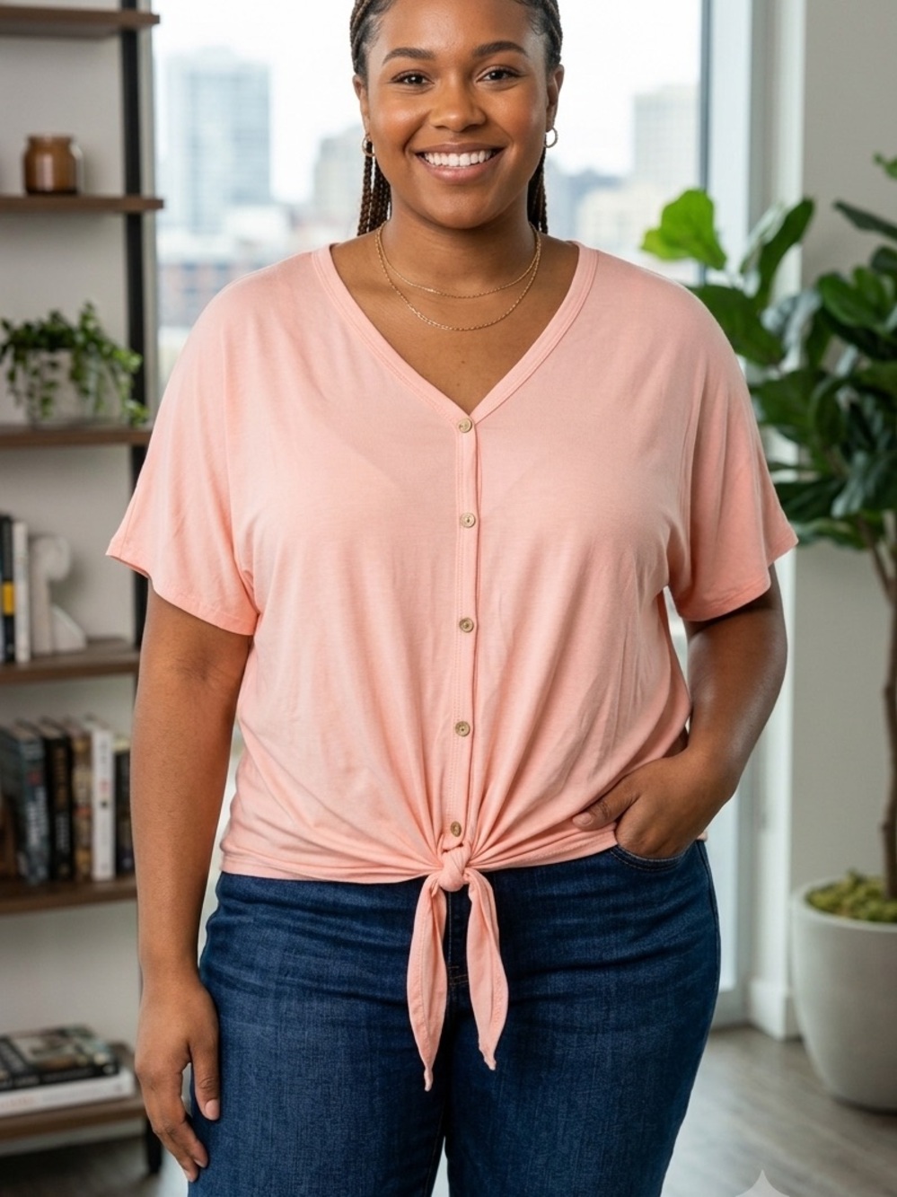 Plus-Size Peach Button-Tie Short Sleeve Top